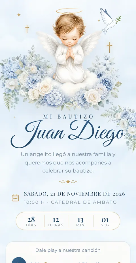 Portada de la invitación digital del bautizo «Cielo de Bendiciones»