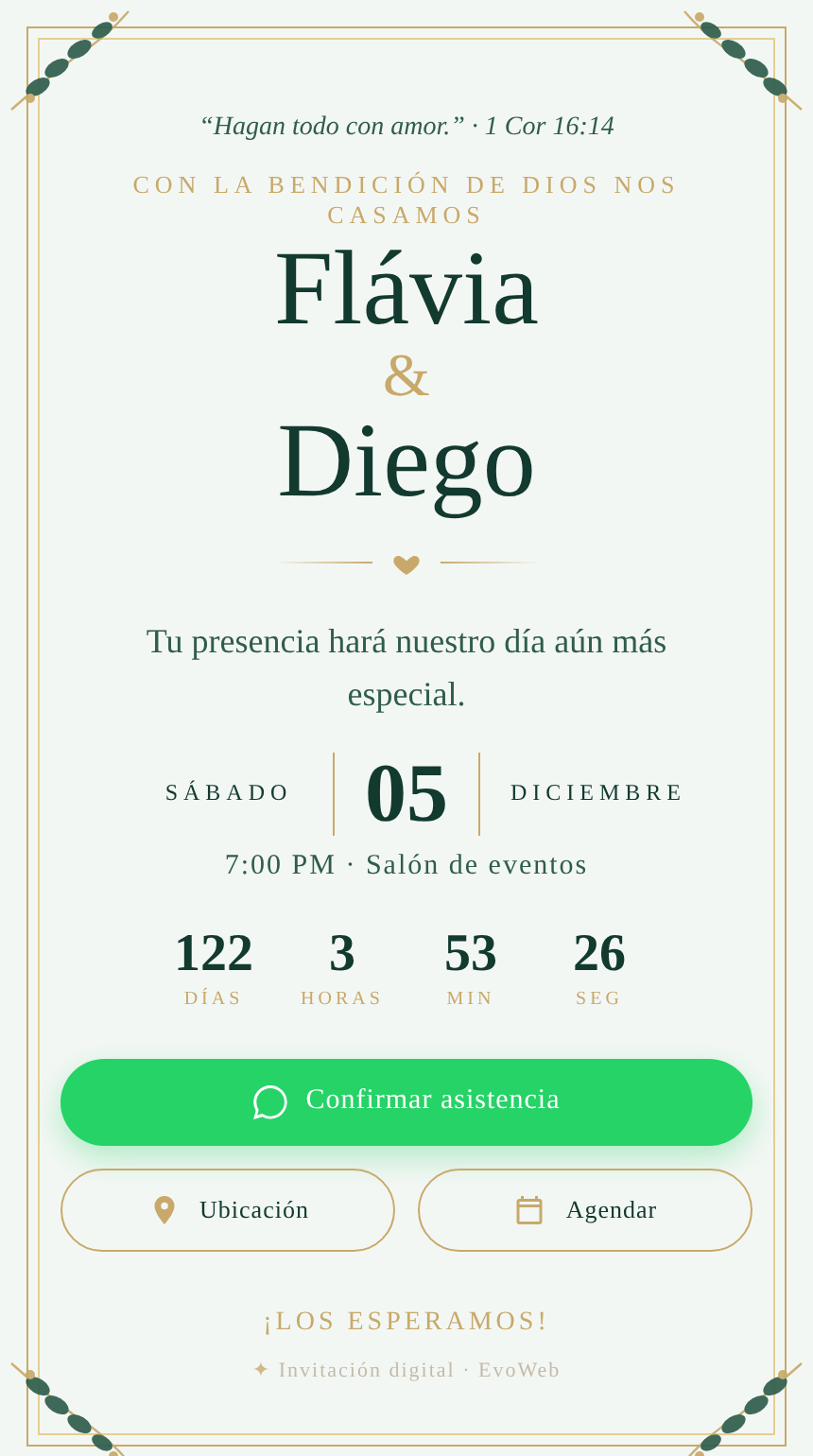 Ejemplo de invitación digital de boda con nombres, fecha, cuenta regresiva y botón de confirmar asistencia